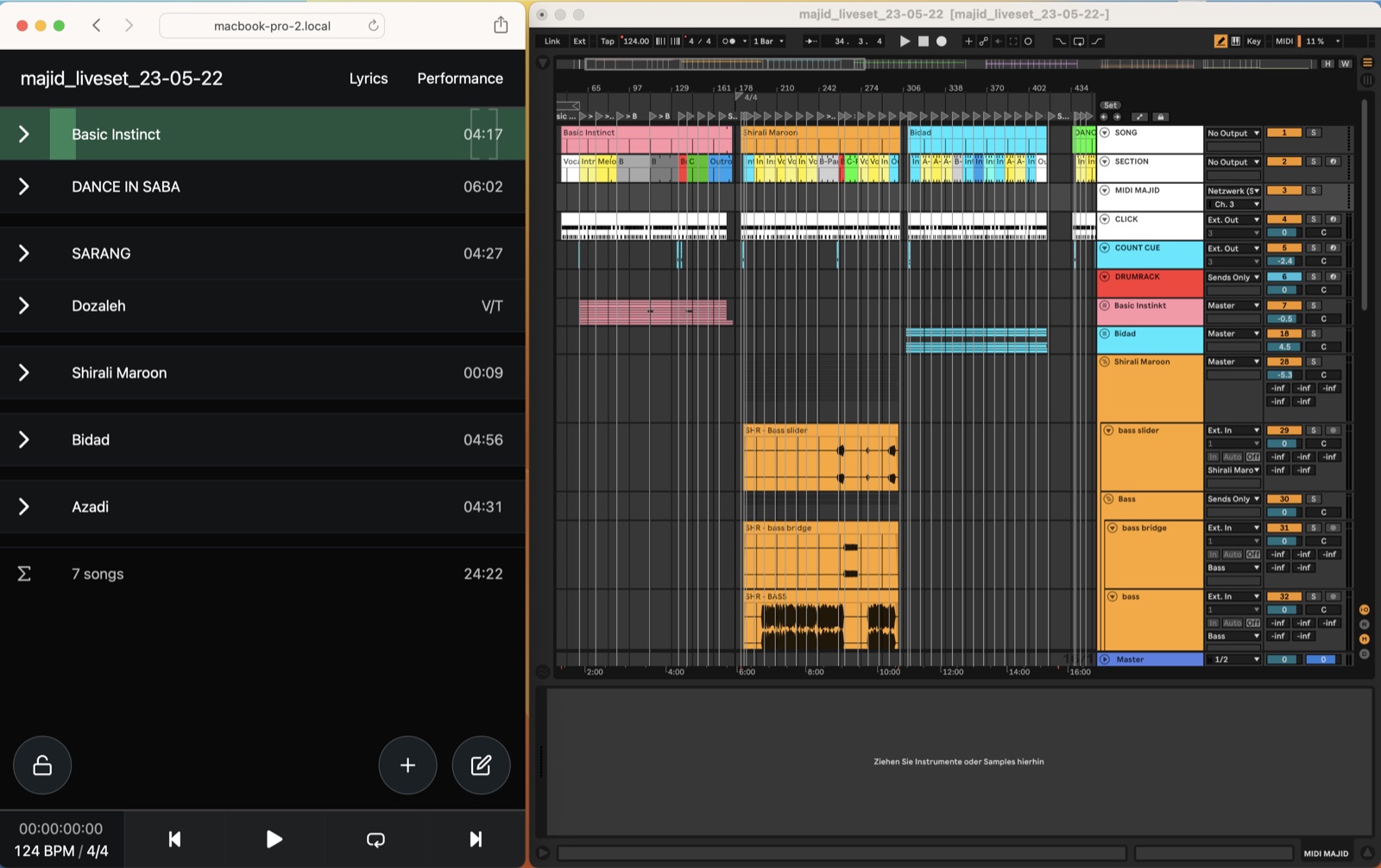 Ableton-Live-Session mit Setlist-Steuerung (AbleSet) und Arrangement